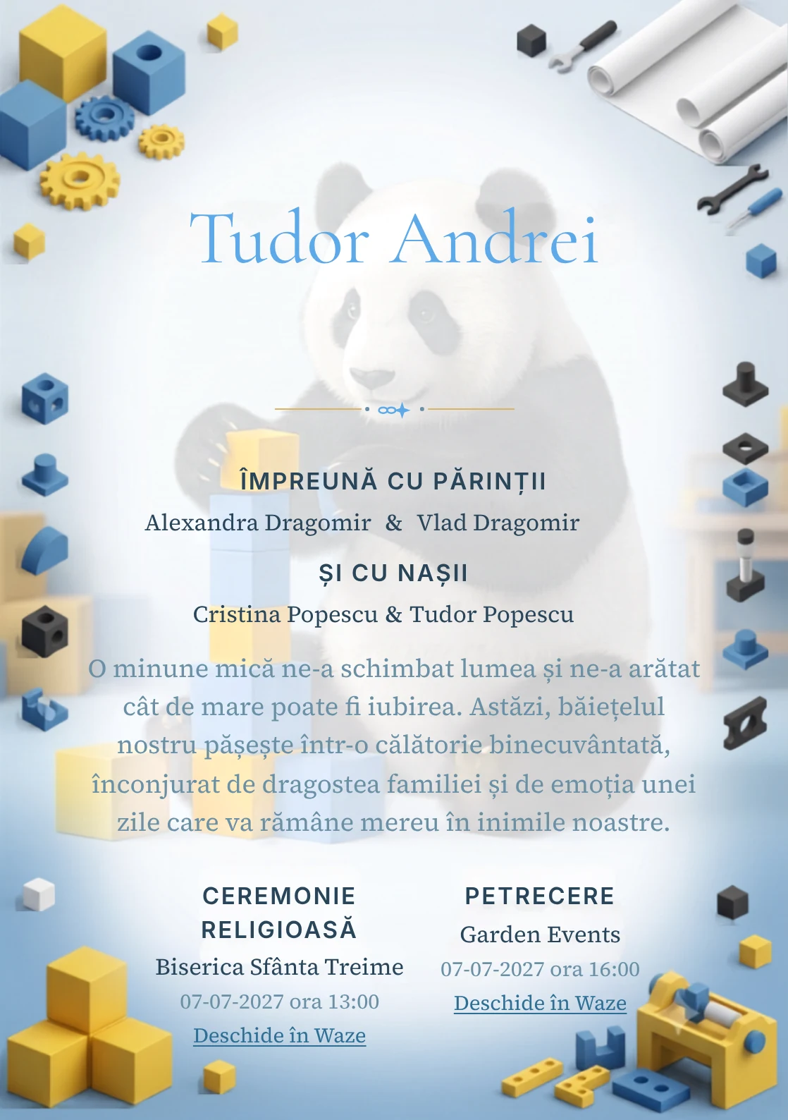 Panda Constructor, design pentru o invitație de botez, prezintă un panda construind un turn din cuburi, alături de piese, planșe fără text și forme.