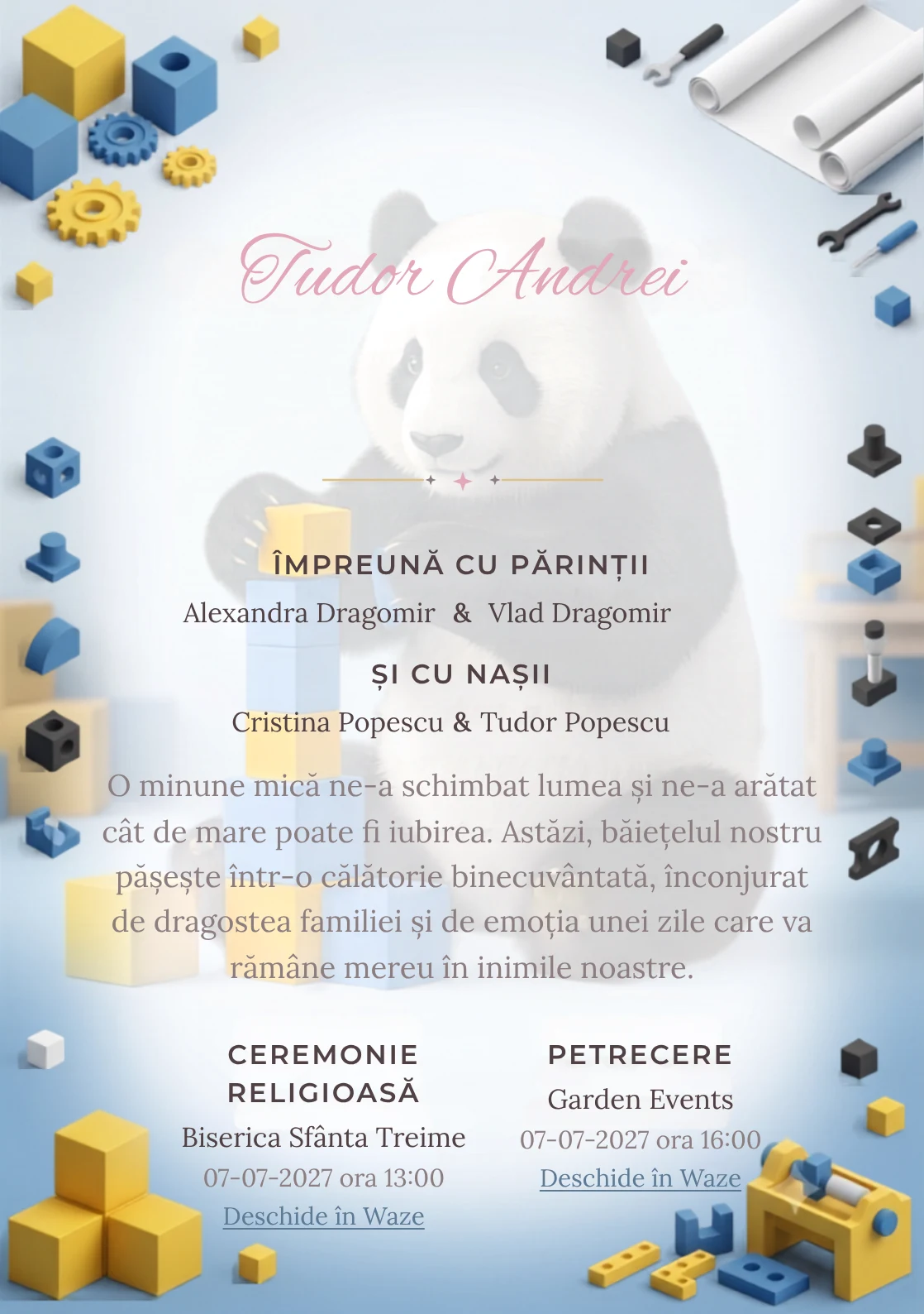 Panda Constructor, design pentru o invitație de botez, prezintă un panda construind un turn din cuburi, alături de piese, planșe fără text și forme.