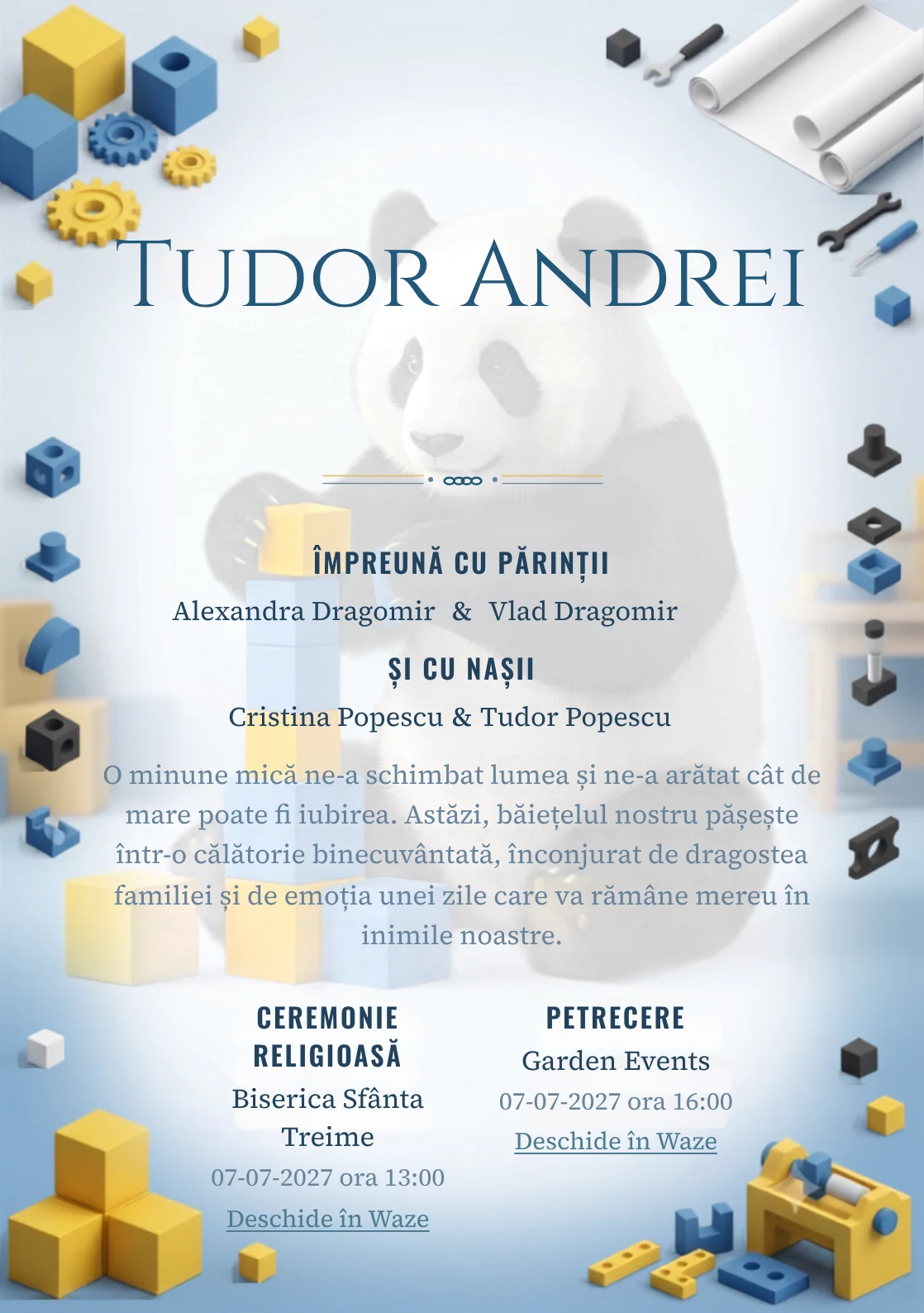Panda Constructor, design pentru o invitație de botez, prezintă un panda construind un turn din cuburi, alături de piese, planșe fără text și forme.