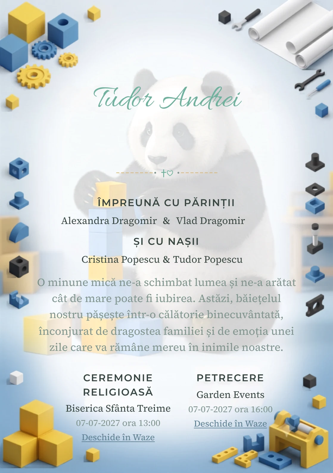 Panda Constructor, design pentru o invitație de botez, prezintă un panda construind un turn din cuburi, alături de piese, planșe fără text și forme.