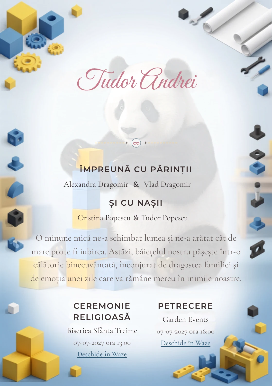 Panda Constructor, design pentru o invitație de botez, prezintă un panda construind un turn din cuburi, alături de piese, planșe fără text și forme.