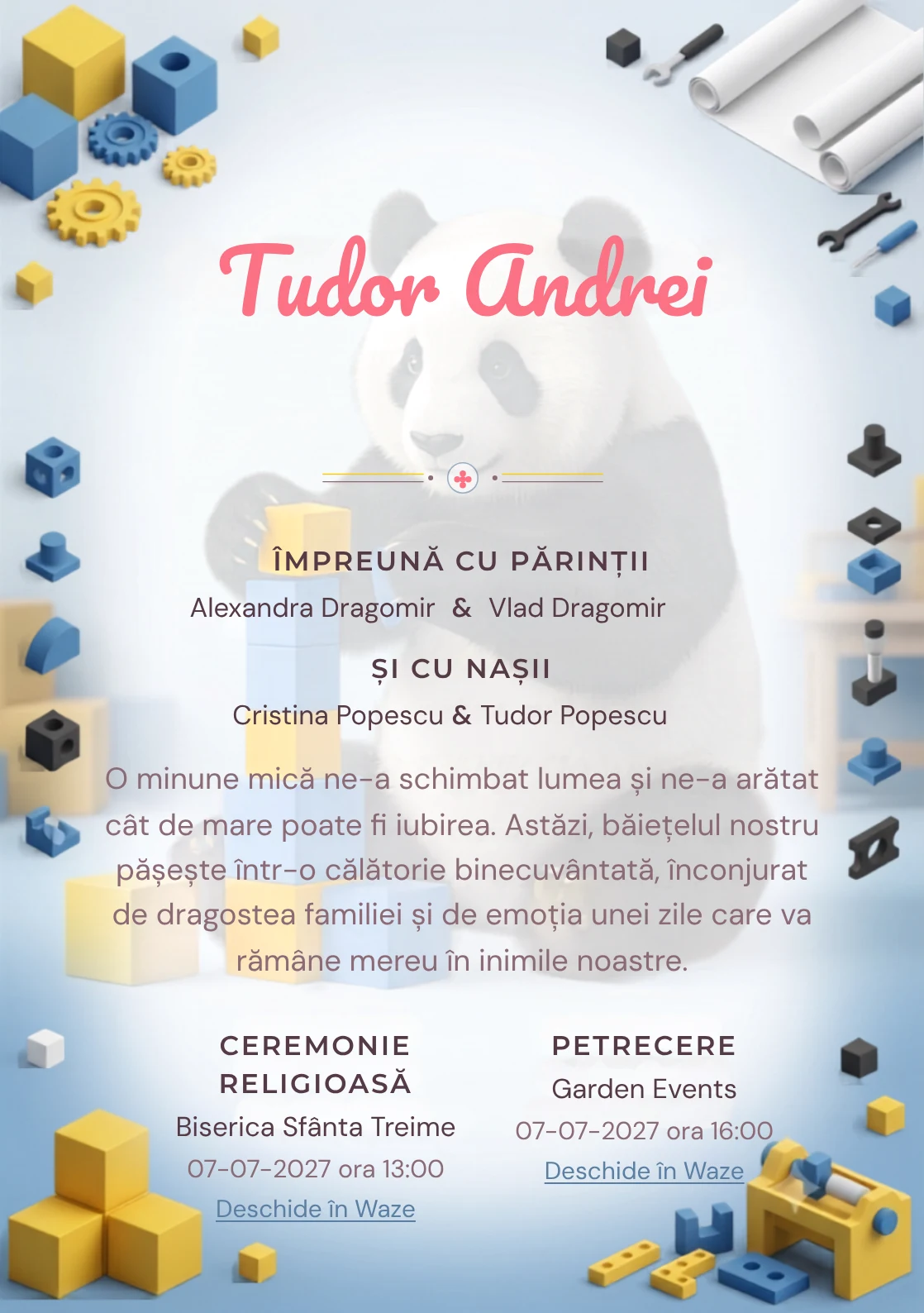 Panda Constructor, design pentru o invitație de botez, prezintă un panda construind un turn din cuburi, alături de piese, planșe fără text și forme.