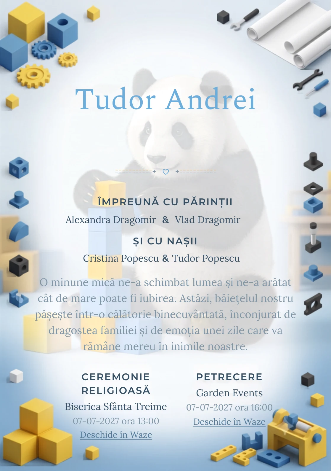 Panda Constructor, design pentru o invitație de botez, prezintă un panda construind un turn din cuburi, alături de piese, planșe fără text și forme.