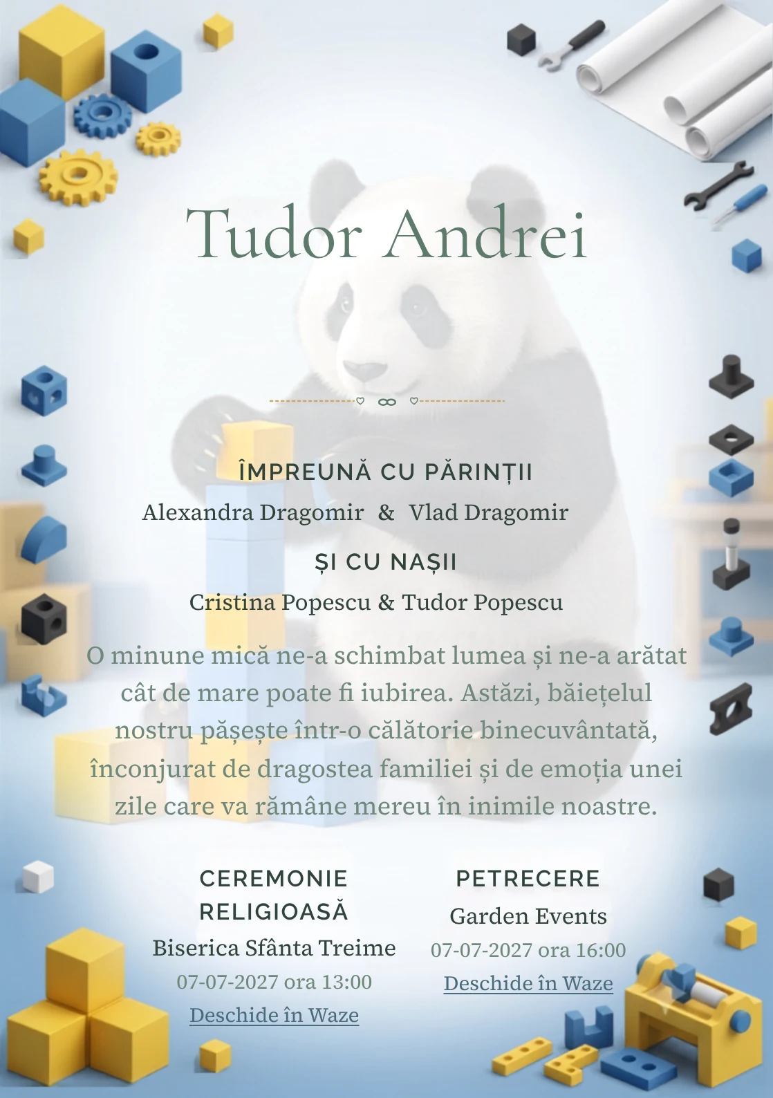 Panda Constructor, design pentru o invitație de botez, prezintă un panda construind un turn din cuburi, alături de piese, planșe fără text și forme.