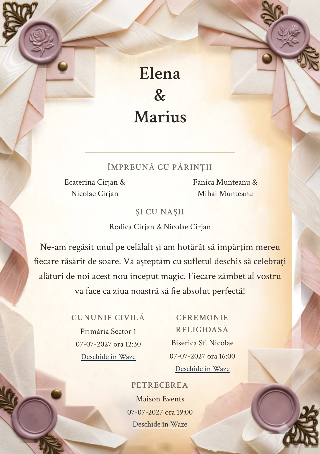 Fundalul Panglică de Prună, pentru invitații de nuntă, se remarcă prin sigiliu prună pe panglică moiré și accente de ceară prună deschisă, ivory cald și roz ceai.