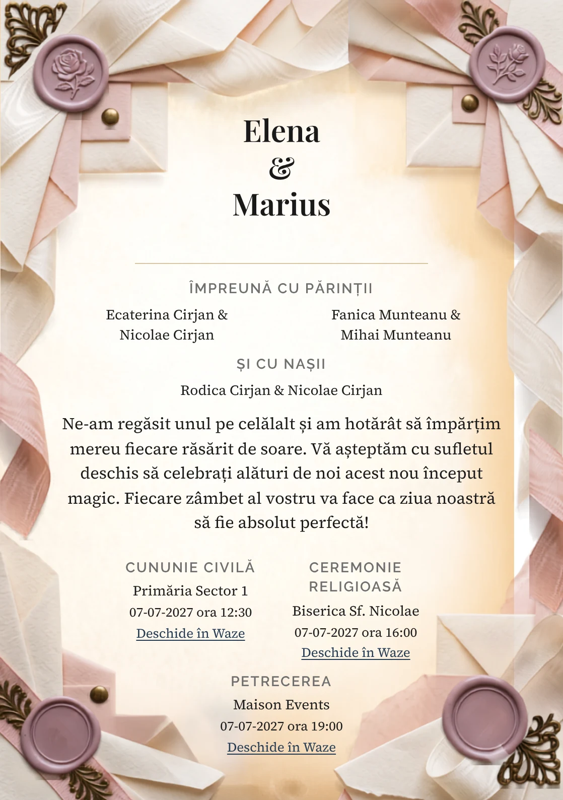 Fundalul Panglică de Prună, pentru invitații de nuntă, se remarcă prin sigiliu prună pe panglică moiré și accente de ceară prună deschisă, ivory cald și roz ceai.