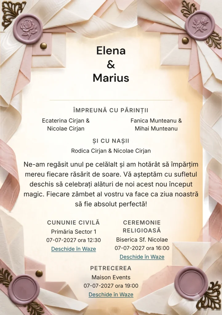 Fundalul Panglică de Prună, pentru invitații de nuntă, se remarcă prin sigiliu prună pe panglică moiré și accente de ceară prună deschisă, ivory cald și roz ceai.
