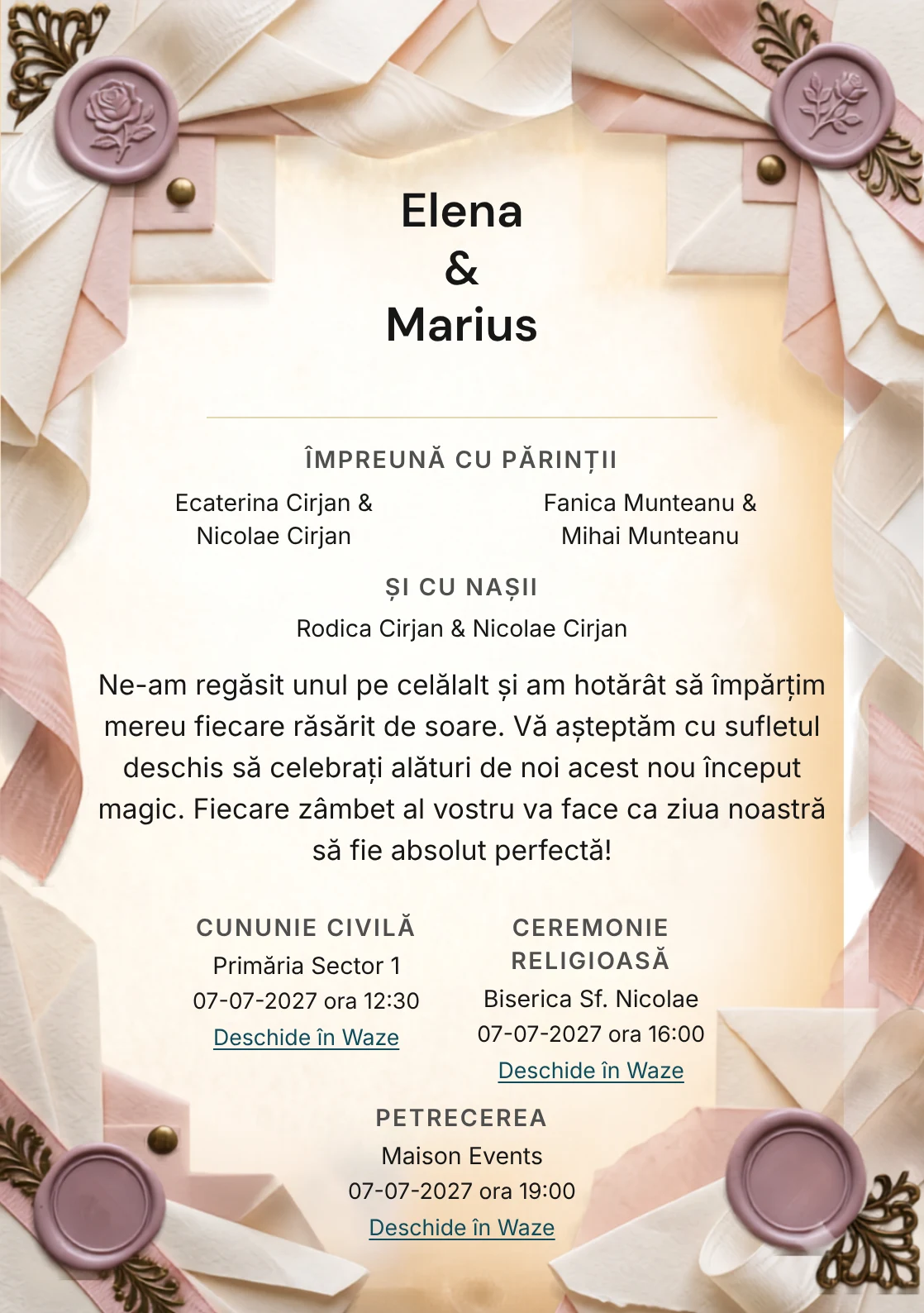 Fundalul Panglică de Prună, pentru invitații de nuntă, se remarcă prin sigiliu prună pe panglică moiré și accente de ceară prună deschisă, ivory cald și roz ceai.