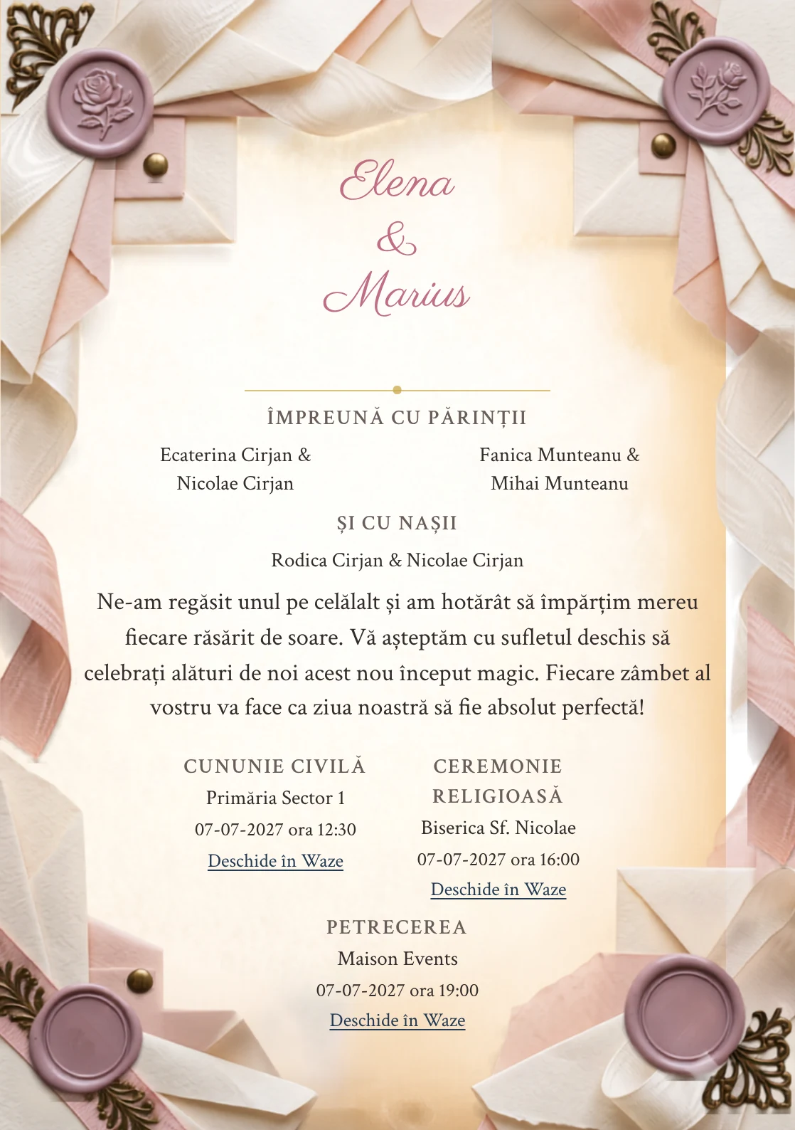 Fundalul Panglică de Prună, pentru invitații de nuntă, se remarcă prin sigiliu prună pe panglică moiré și accente de ceară prună deschisă, ivory cald și roz ceai.