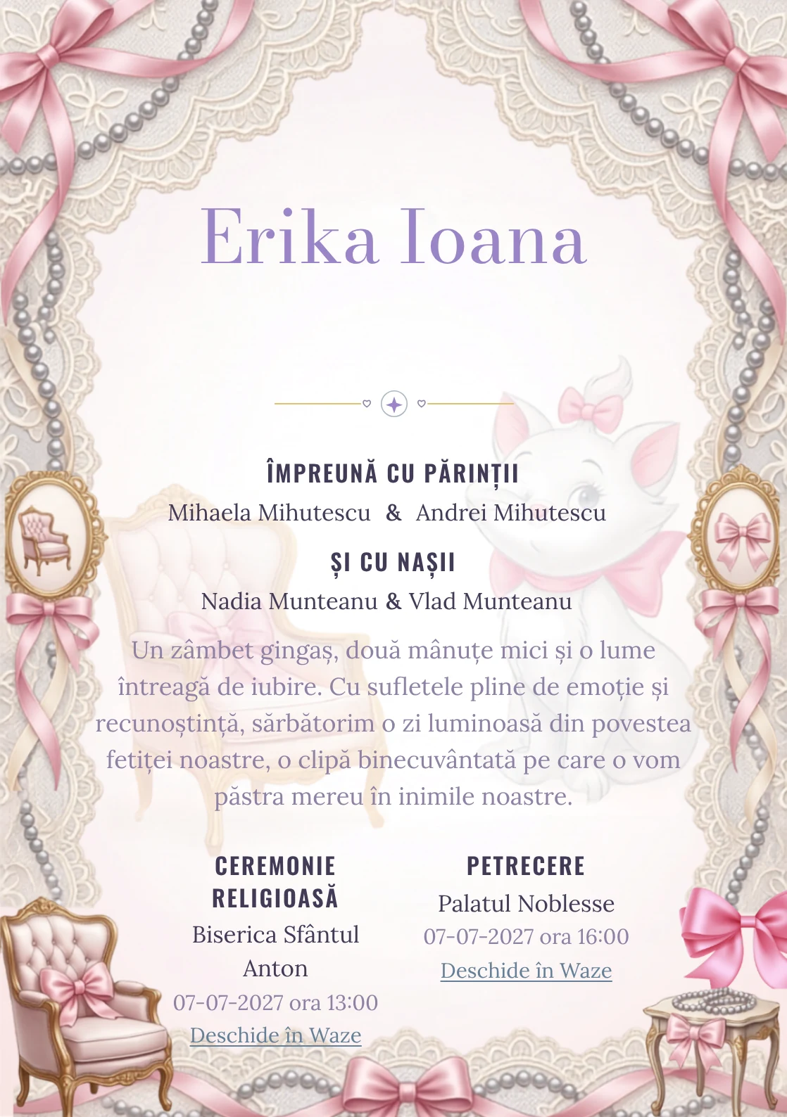 Paris cu Marie, design din gama de invitații botez fetiță, prezintă Marie într-un salon parizian cu fotolii și funde, alături de dantelă și perle.