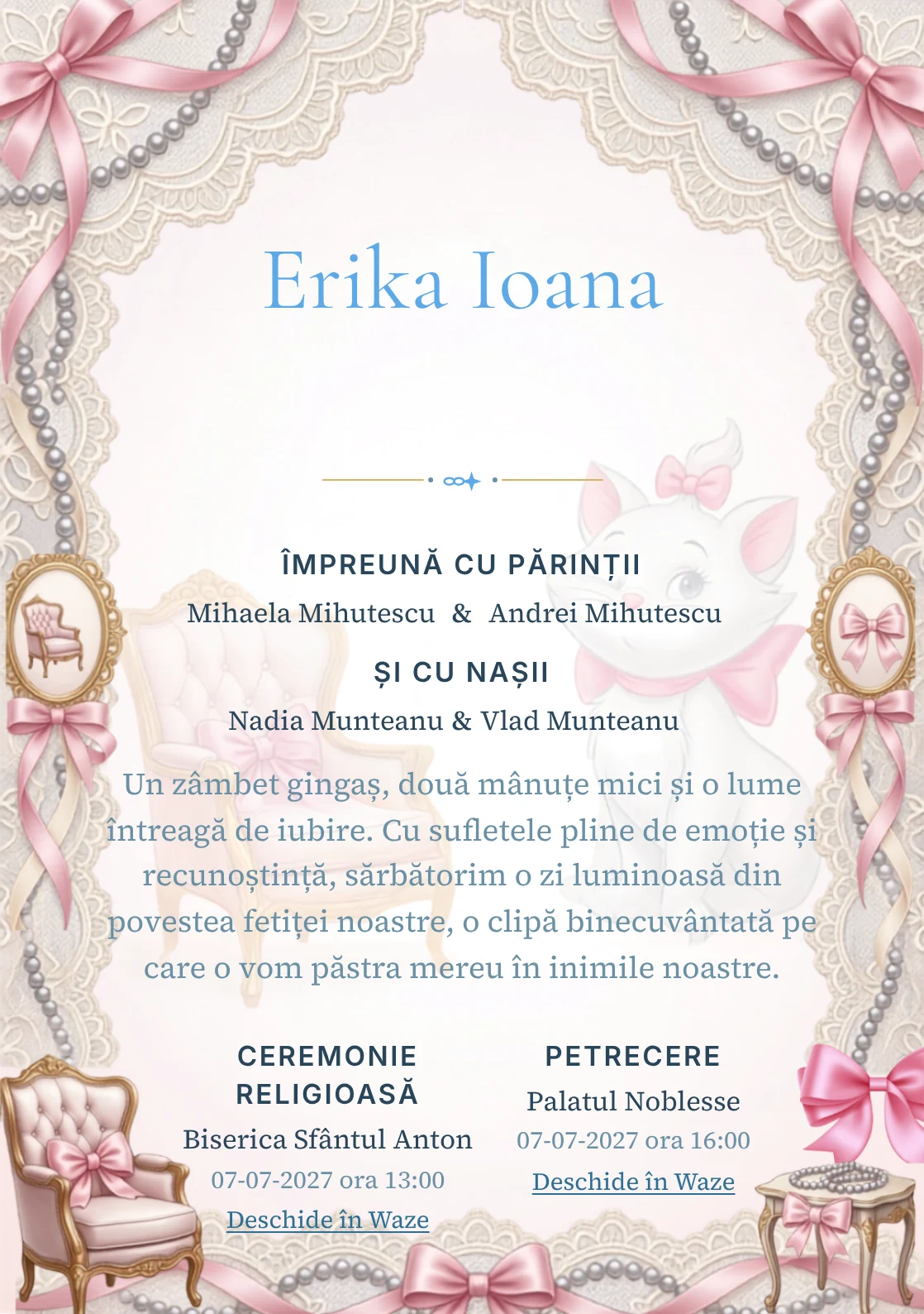 Paris cu Marie, design din gama de invitații botez fetiță, prezintă Marie într-un salon parizian cu fotolii și funde, alături de dantelă și perle.