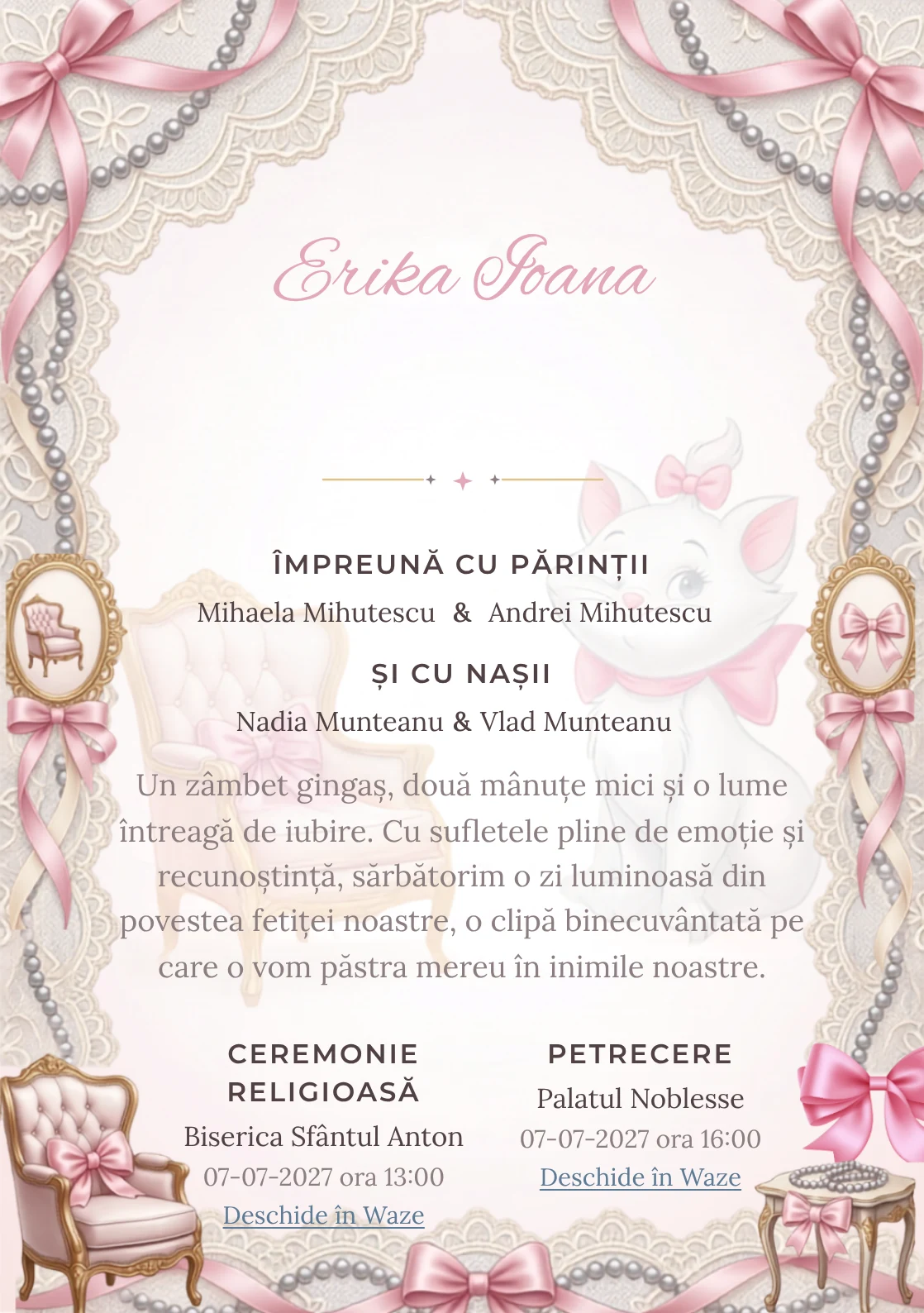 Paris cu Marie, design din gama de invitații botez fetiță, prezintă Marie într-un salon parizian cu fotolii și funde, alături de dantelă și perle.