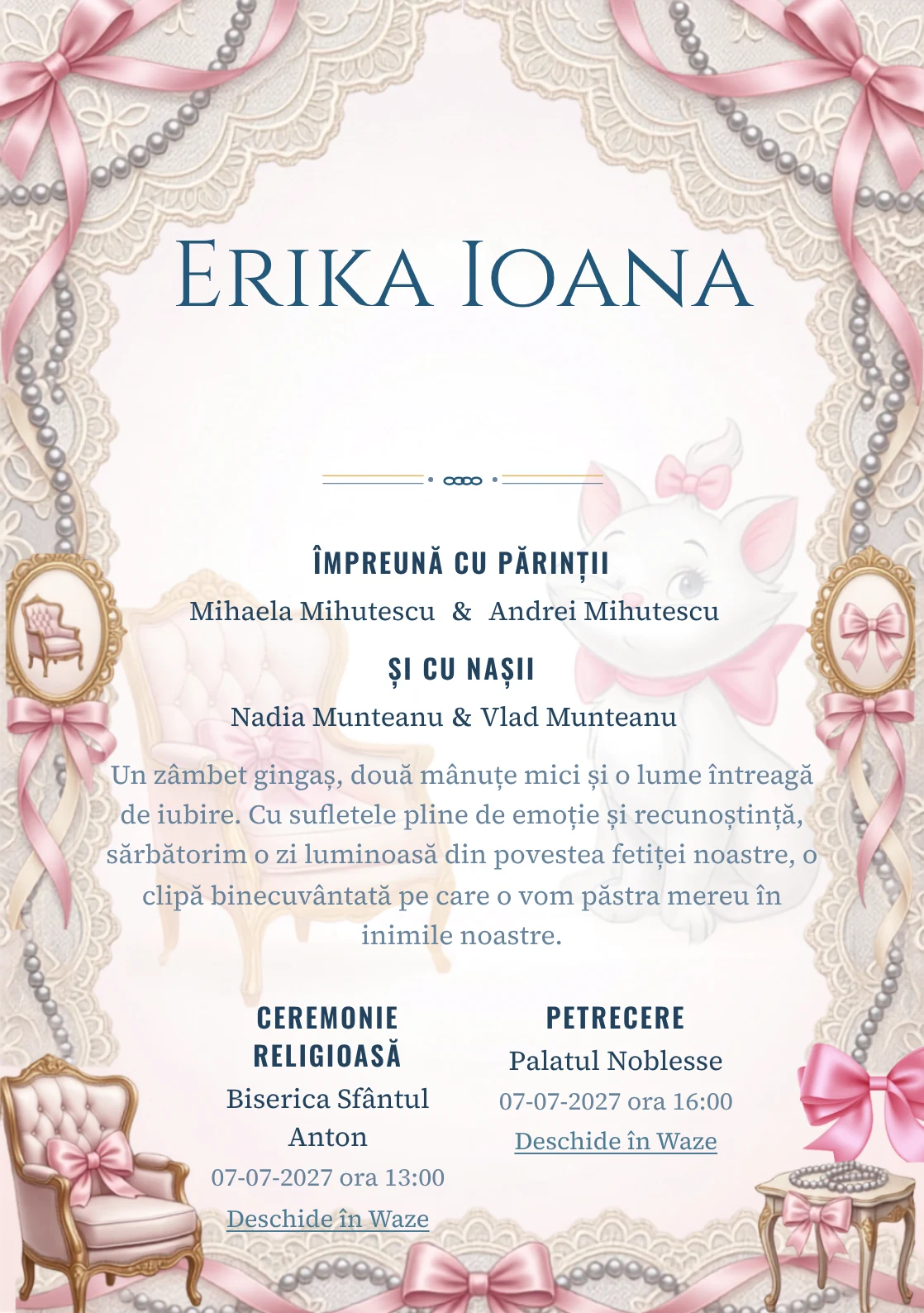 Paris cu Marie, design din gama de invitații botez fetiță, prezintă Marie într-un salon parizian cu fotolii și funde, alături de dantelă și perle.