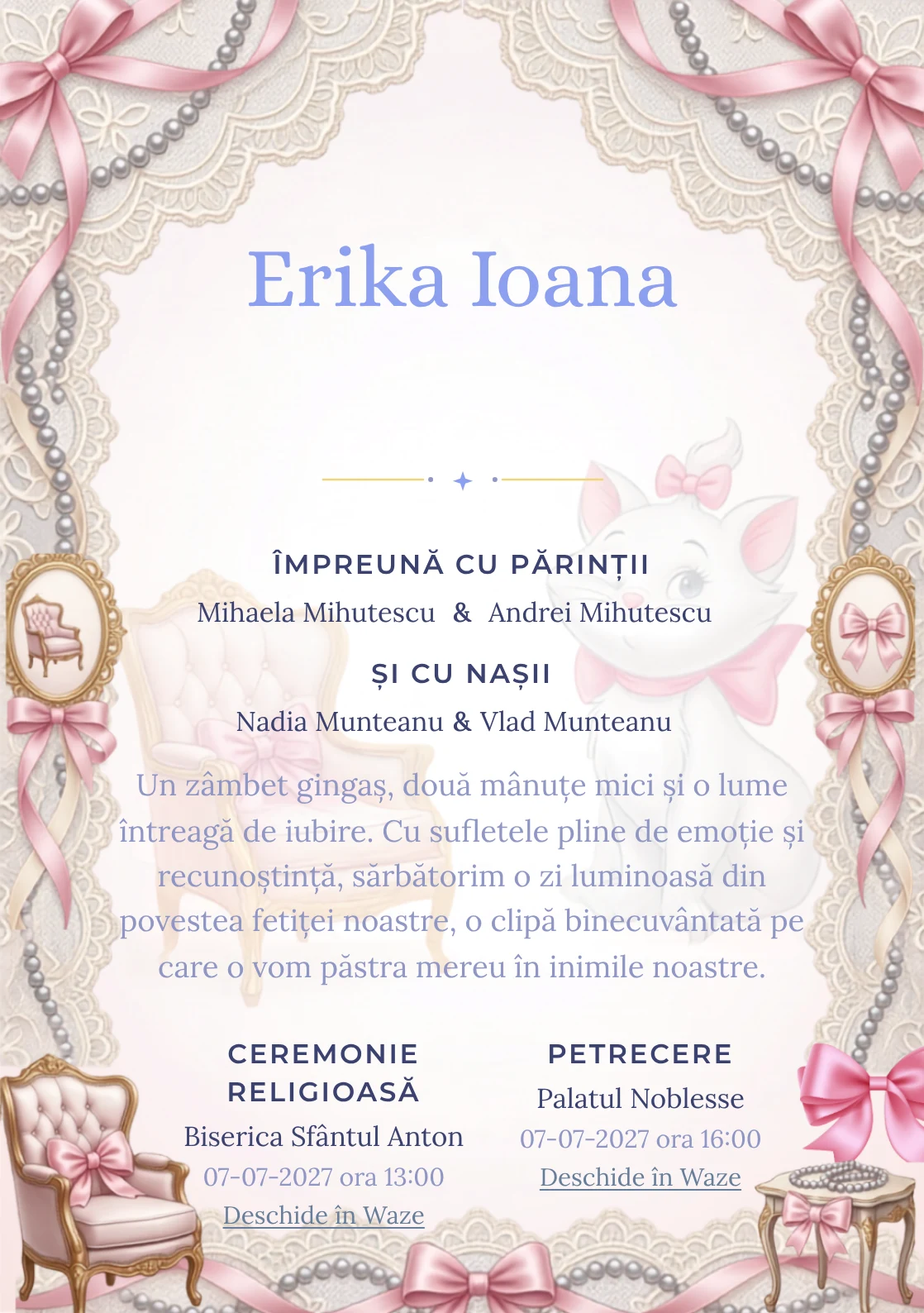 Paris cu Marie, design din gama de invitații botez fetiță, prezintă Marie într-un salon parizian cu fotolii și funde, alături de dantelă și perle.