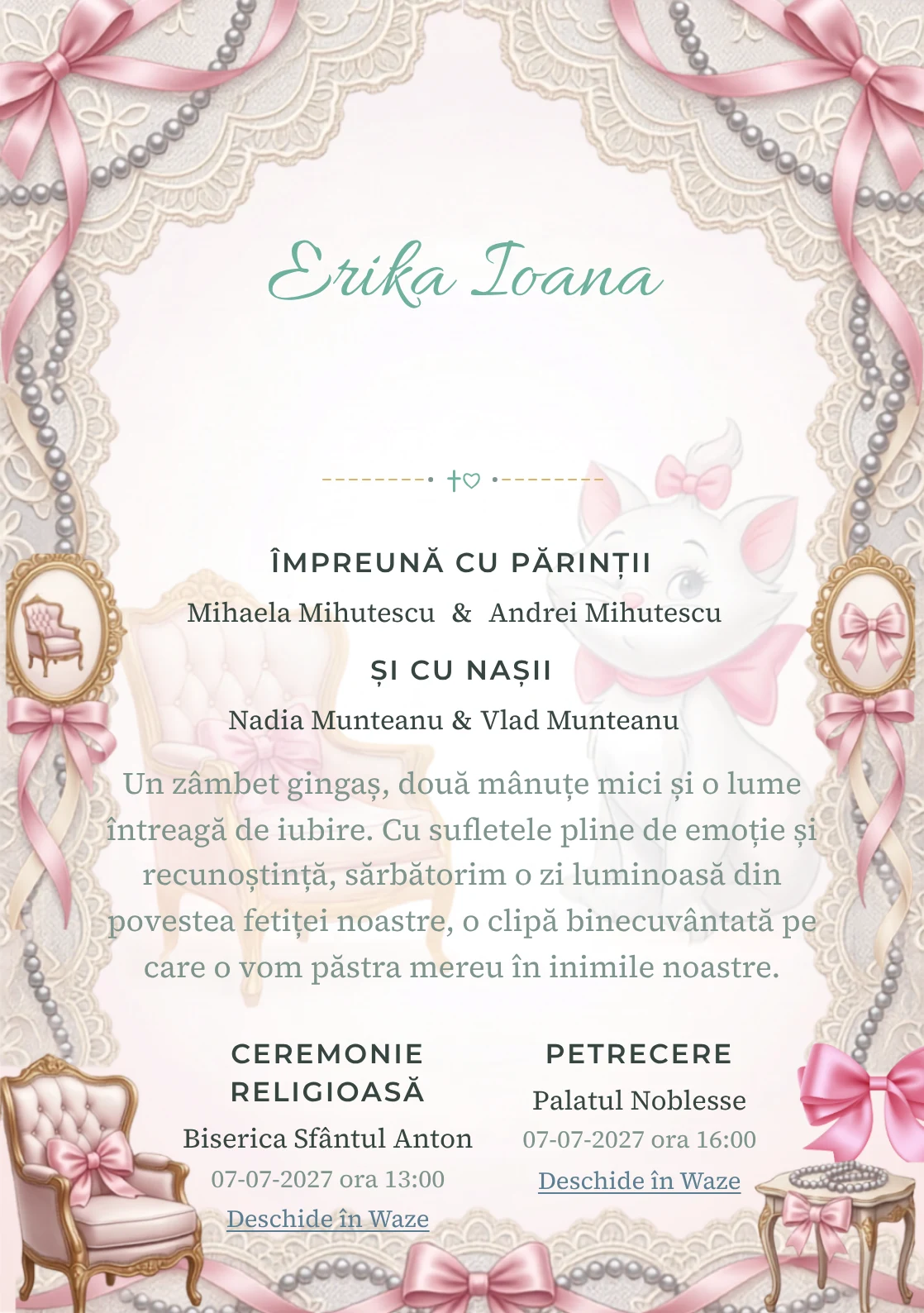 Paris cu Marie, design din gama de invitații botez fetiță, prezintă Marie într-un salon parizian cu fotolii și funde, alături de dantelă și perle.