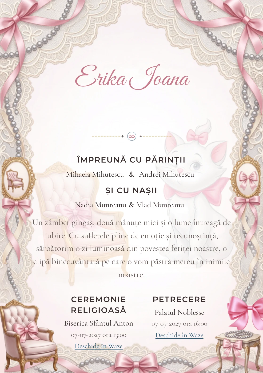 Paris cu Marie, design din gama de invitații botez fetiță, prezintă Marie într-un salon parizian cu fotolii și funde, alături de dantelă și perle.