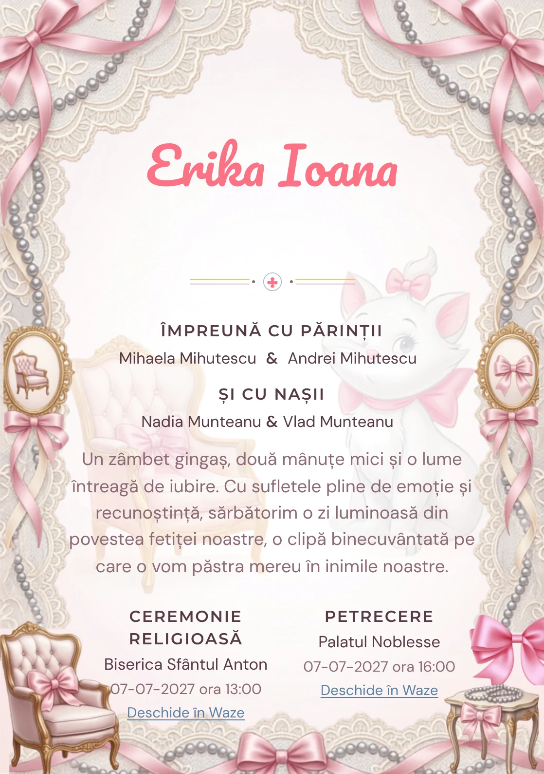 Paris cu Marie, design din gama de invitații botez fetiță, prezintă Marie într-un salon parizian cu fotolii și funde, alături de dantelă și perle.