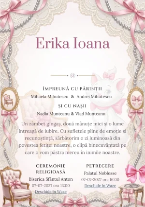 Paris cu Marie, design din gama de invitații botez fetiță, prezintă Marie într-un salon parizian cu fotolii și funde, alături de dantelă și perle.