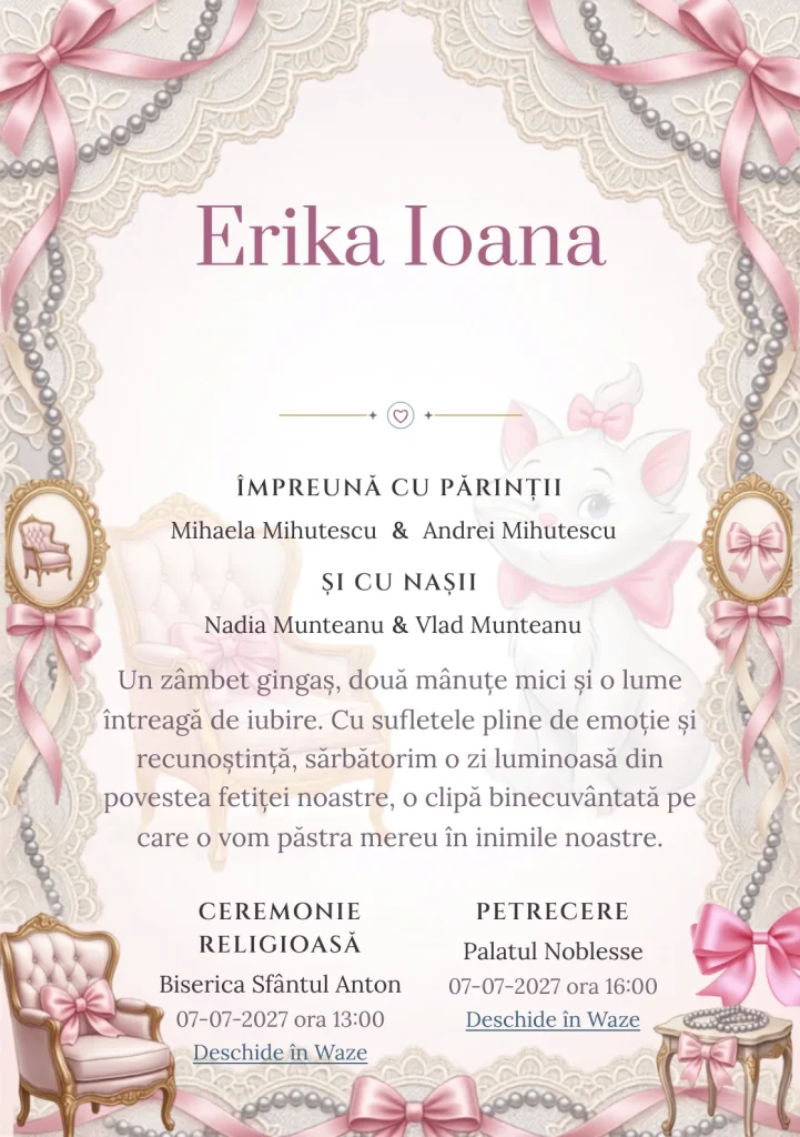 Paris cu Marie, design din gama de invitații botez fetiță, prezintă Marie într-un salon parizian cu fotolii și funde, alături de dantelă și perle.