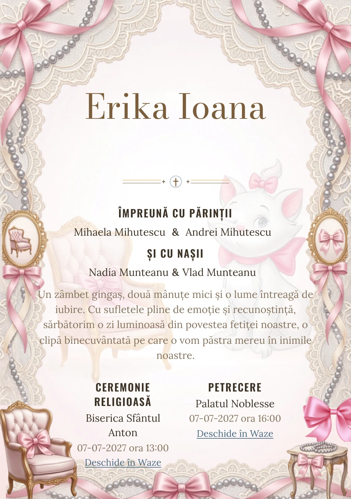 Paris cu Marie, design din gama de invitații botez fetiță, prezintă Marie într-un salon parizian cu fotolii și funde, alături de dantelă și perle.
