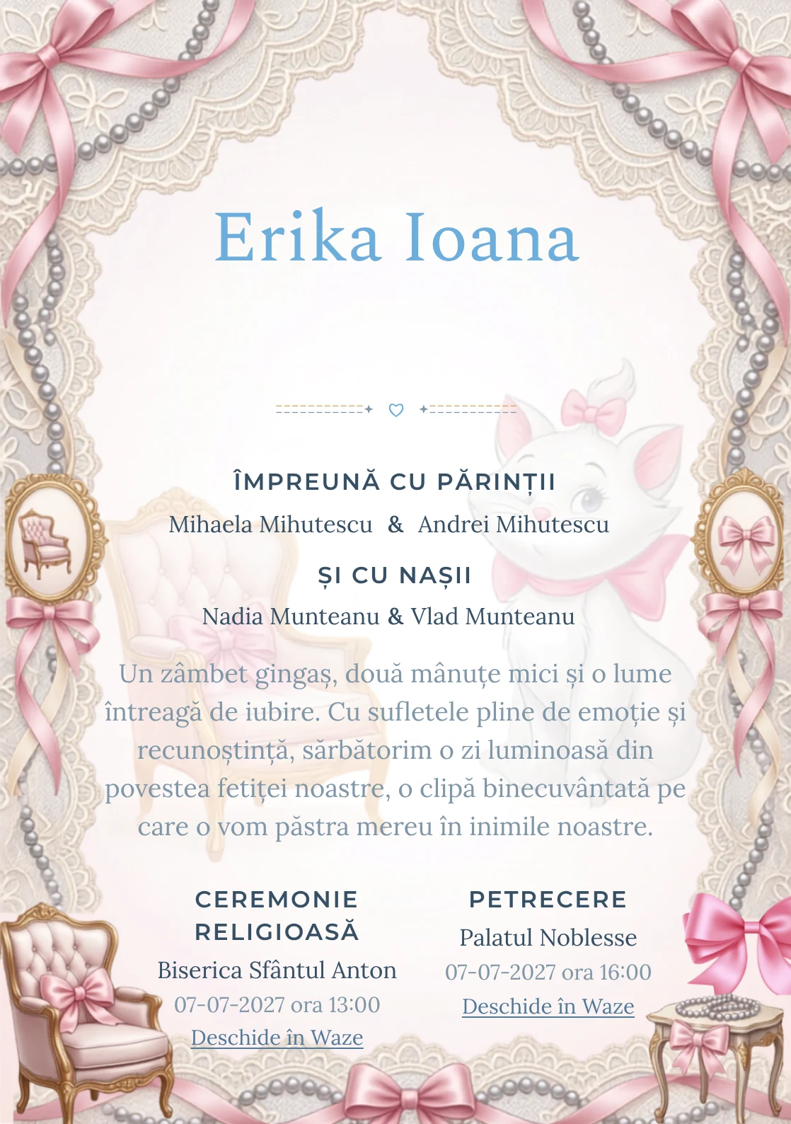 Paris cu Marie, design din gama de invitații botez fetiță, prezintă Marie într-un salon parizian cu fotolii și funde, alături de dantelă și perle.