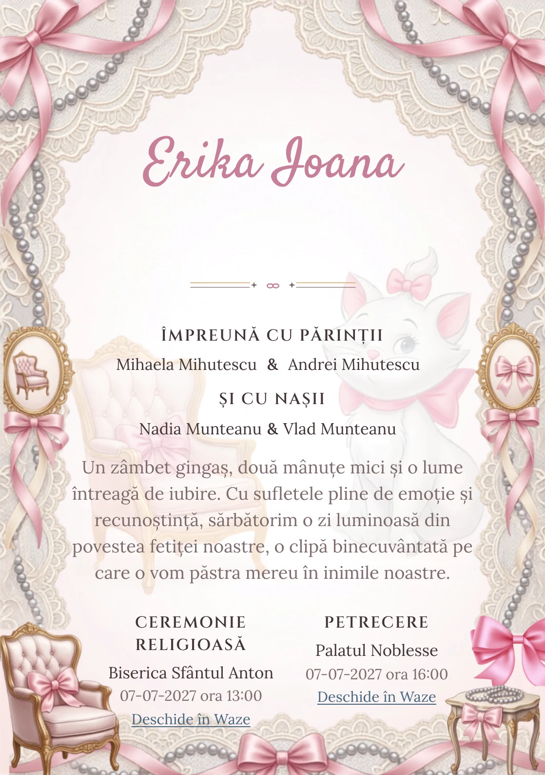 Paris cu Marie, design din gama de invitații botez fetiță, prezintă Marie într-un salon parizian cu fotolii și funde, alături de dantelă și perle.