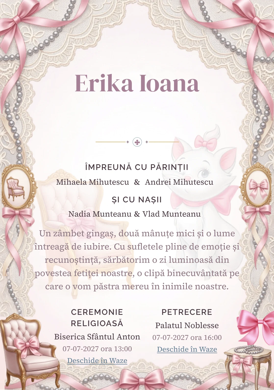 Paris cu Marie, design din gama de invitații botez fetiță, prezintă Marie într-un salon parizian cu fotolii și funde, alături de dantelă și perle.