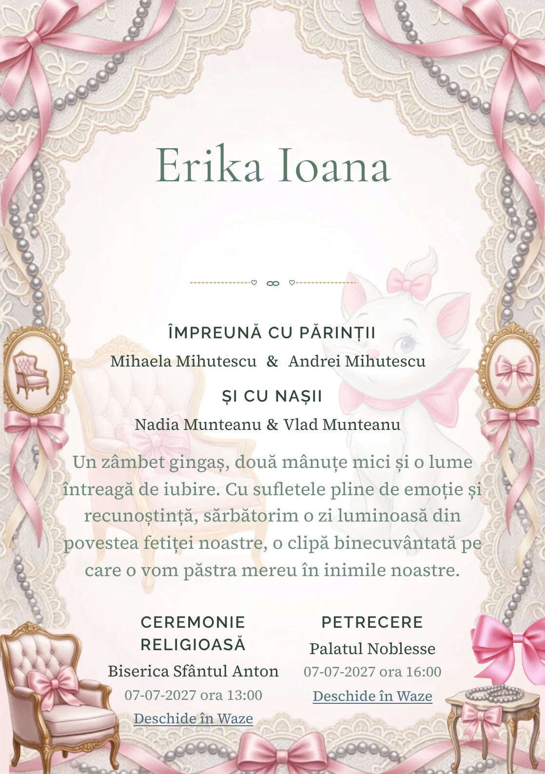 Paris cu Marie, design din gama de invitații botez fetiță, prezintă Marie într-un salon parizian cu fotolii și funde, alături de dantelă și perle.