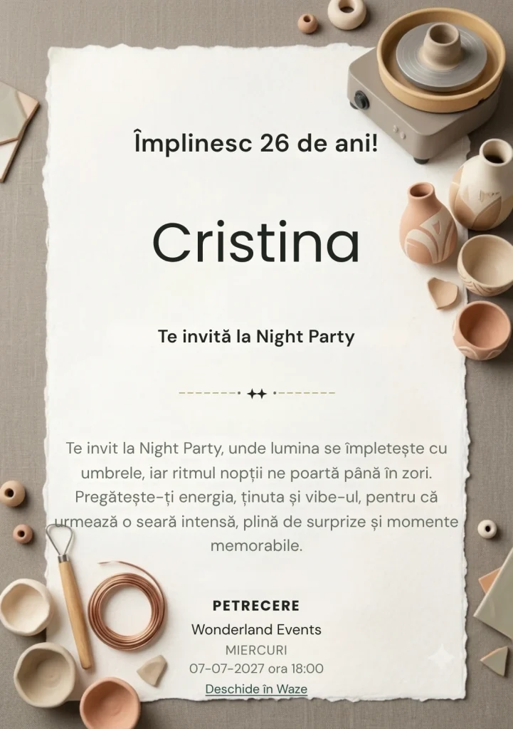 Pasiune pentru Ceramică este un model de invitații online de zi de naștere, definit vizual de o roată de olar și vase asimetrice.