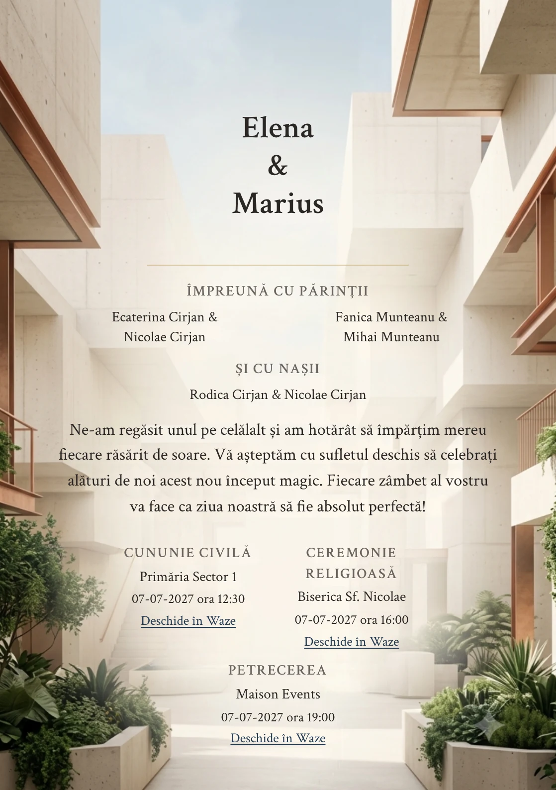 Fundalul Pavilion Modern, pentru invitații de nuntă, se remarcă prin pavilion crem cu volume geometrice și accente de beton crem, albastru fumuriu și verde urban.
