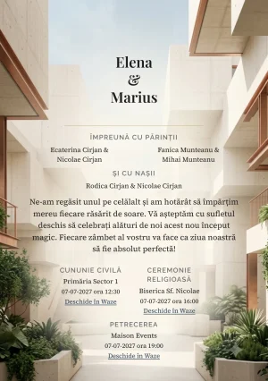 Fundalul Pavilion Modern, pentru invitații de nuntă, se remarcă prin pavilion crem cu volume geometrice și accente de beton crem, albastru fumuriu și verde urban.