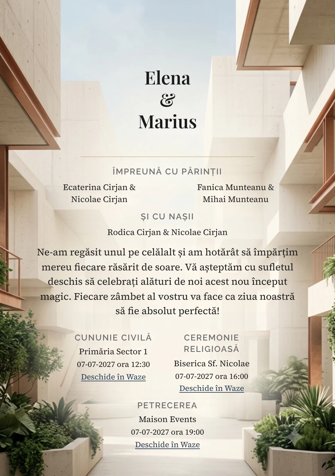 Fundalul Pavilion Modern, pentru invitații de nuntă, se remarcă prin pavilion crem cu volume geometrice și accente de beton crem, albastru fumuriu și verde urban.