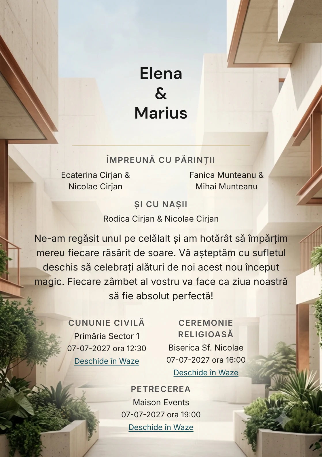 Fundalul Pavilion Modern, pentru invitații de nuntă, se remarcă prin pavilion crem cu volume geometrice și accente de beton crem, albastru fumuriu și verde urban.