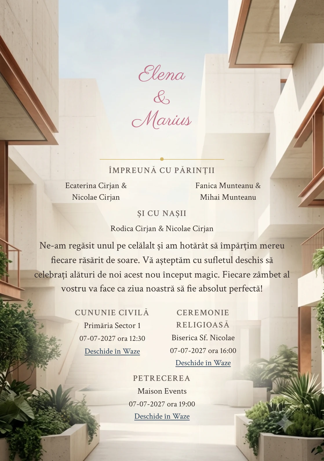 Fundalul Pavilion Modern, pentru invitații de nuntă, se remarcă prin pavilion crem cu volume geometrice și accente de beton crem, albastru fumuriu și verde urban.