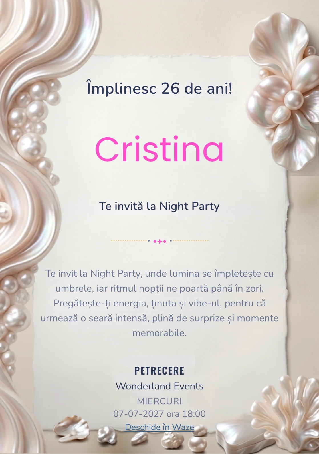 Pearl Evening este un model de invitații online pentru o aniversare adultă, definit vizual de forme organice inspirate din perle.