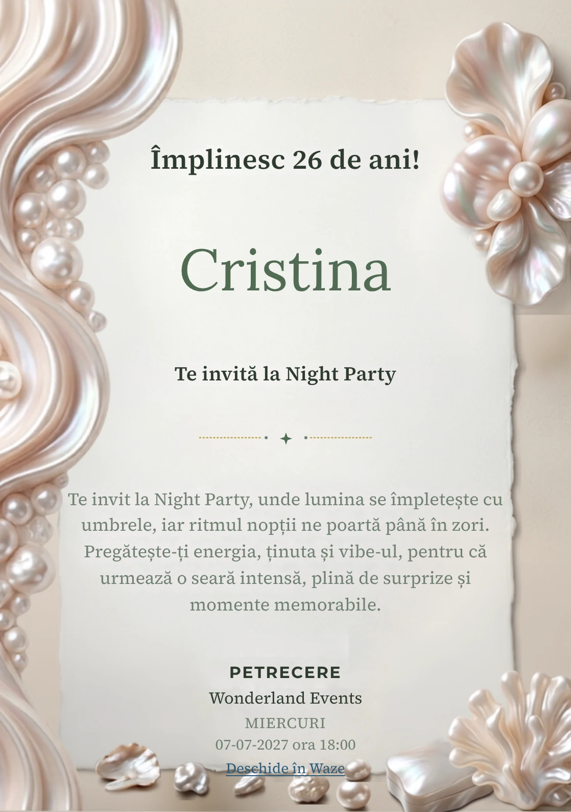 Pearl Evening este un model de invitații online pentru o aniversare adultă, definit vizual de forme organice inspirate din perle.