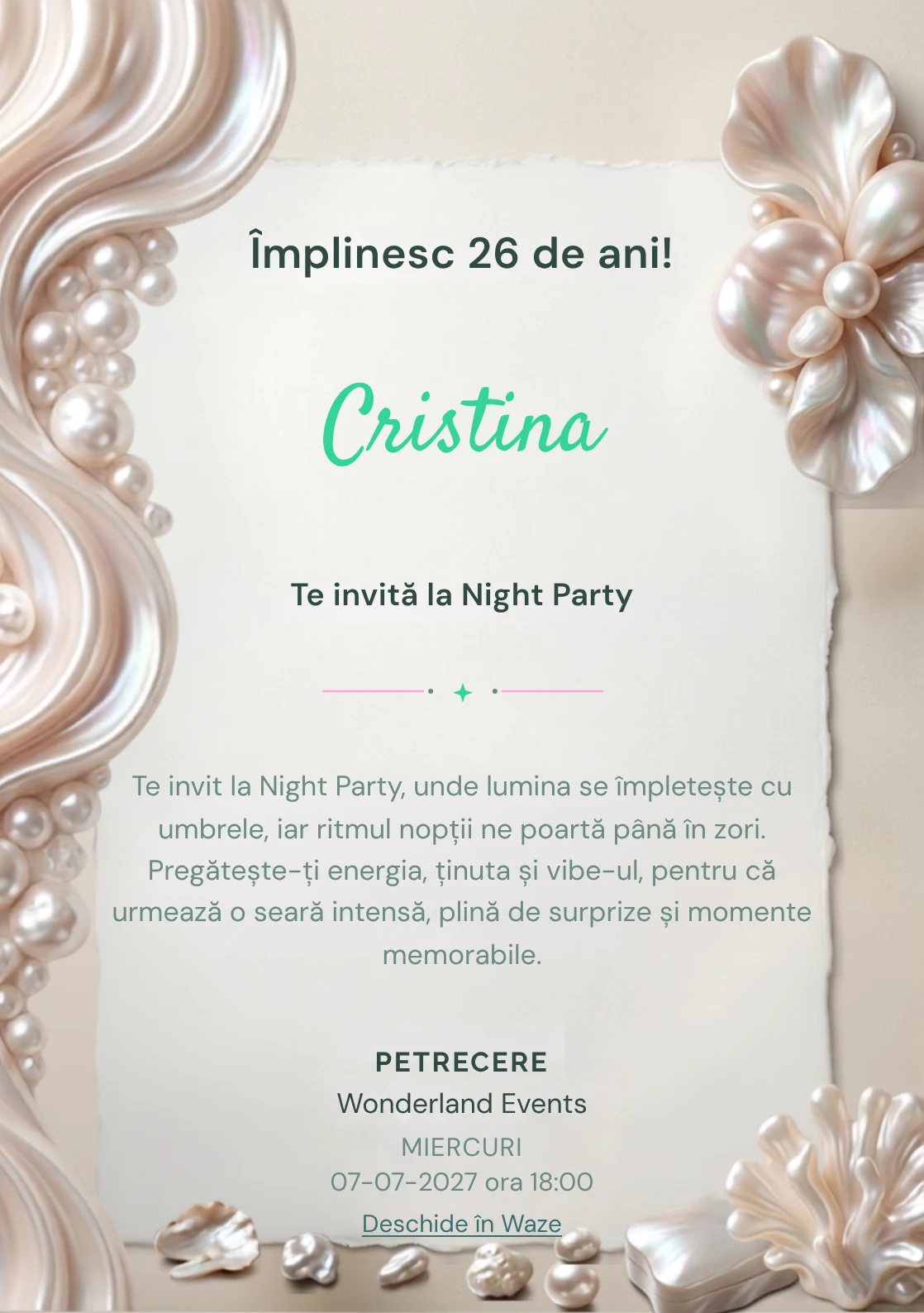 Pearl Evening este un model de invitații online pentru o aniversare adultă, definit vizual de forme organice inspirate din perle.