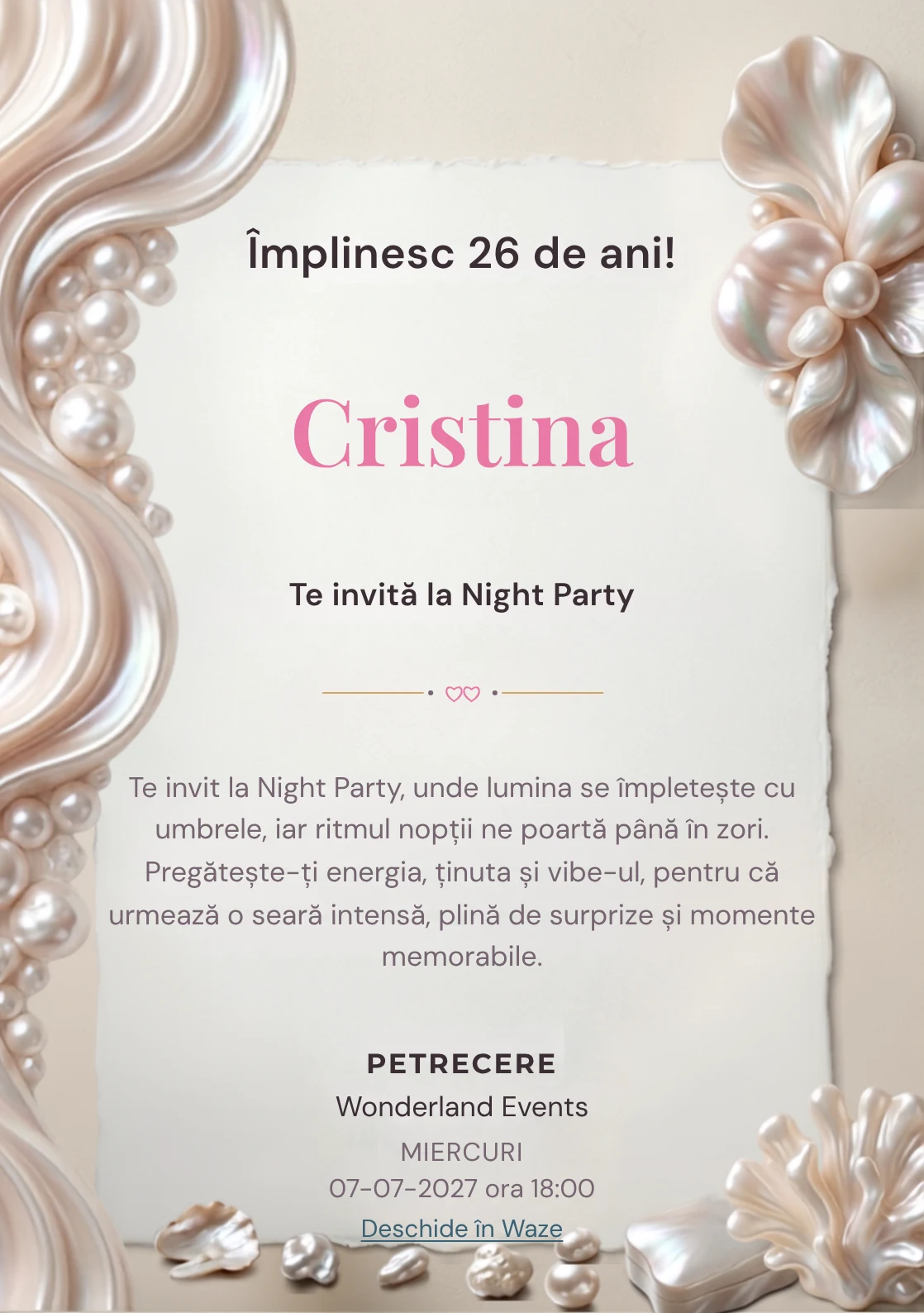 Pearl Evening este un model de invitații online pentru o aniversare adultă, definit vizual de forme organice inspirate din perle.