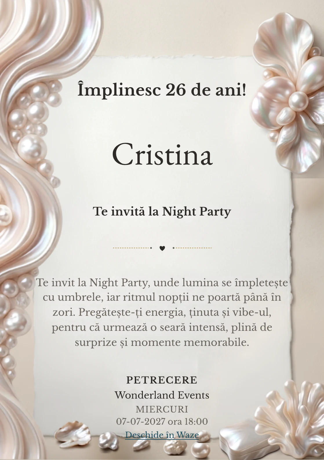 Pearl Evening este un model de invitații online pentru o aniversare adultă, definit vizual de forme organice inspirate din perle.