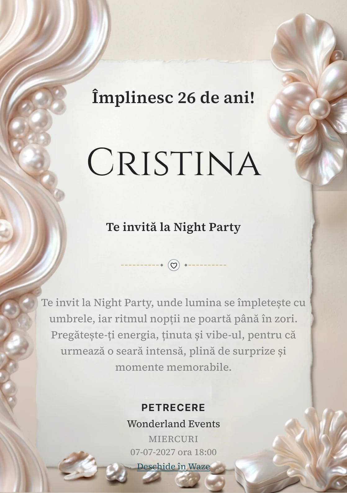 Pearl Evening este un model de invitații online pentru o aniversare adultă, definit vizual de forme organice inspirate din perle.