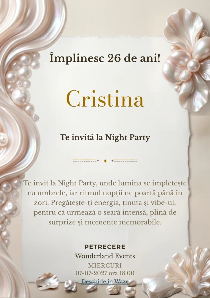 Pearl Evening este un model de invitații online pentru o aniversare adultă, definit vizual de forme organice inspirate din perle.