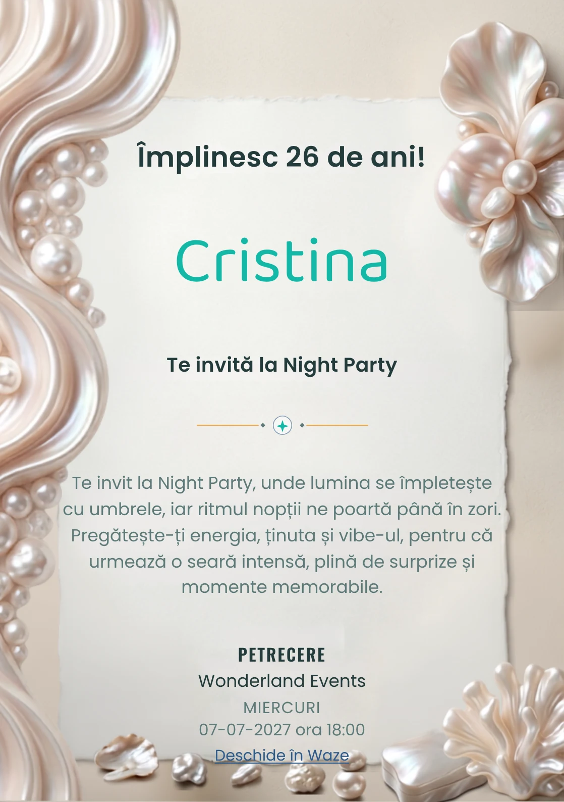 Pearl Evening este un model de invitații online pentru o aniversare adultă, definit vizual de forme organice inspirate din perle.