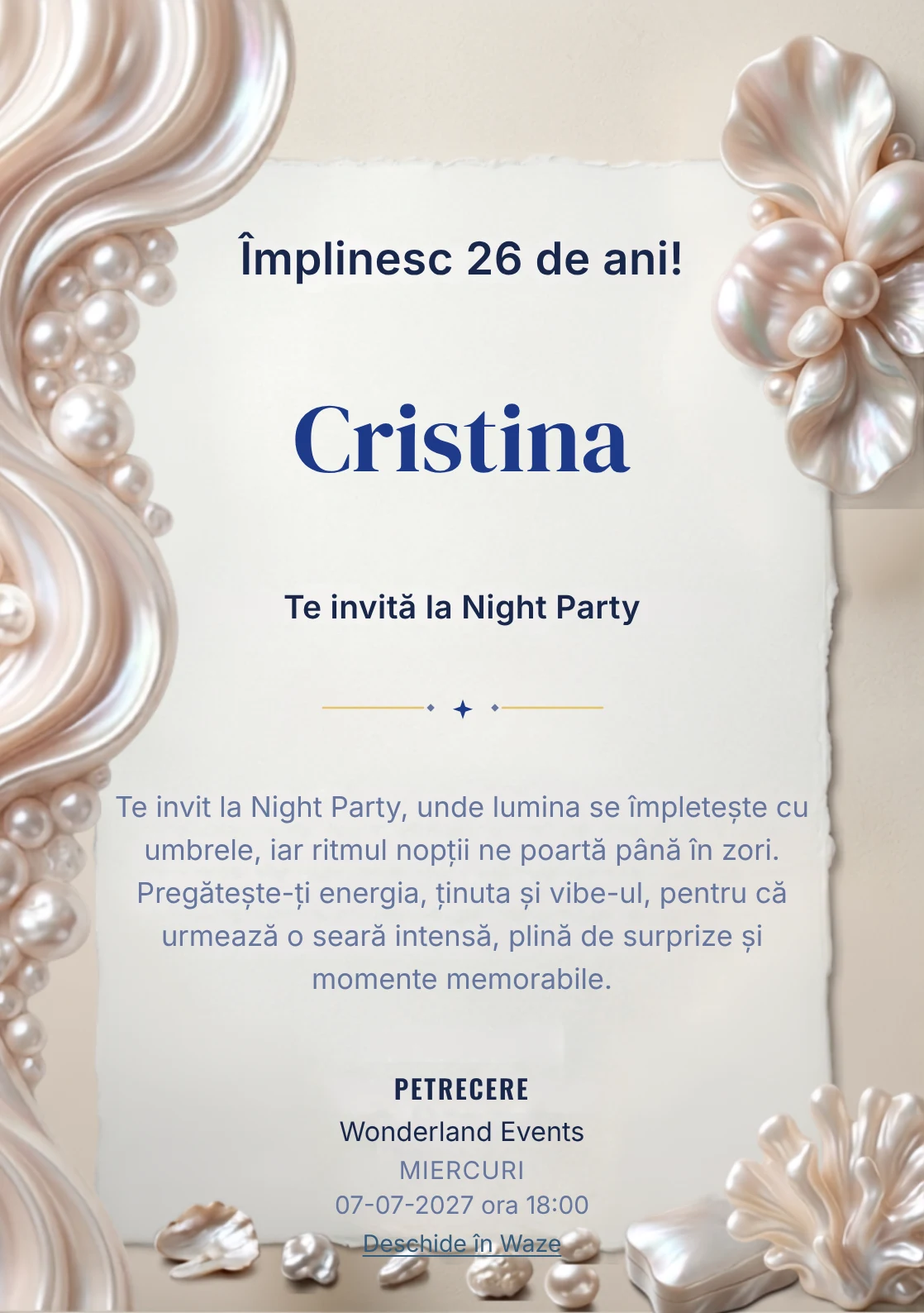 Pearl Evening este un model de invitații online pentru o aniversare adultă, definit vizual de forme organice inspirate din perle.