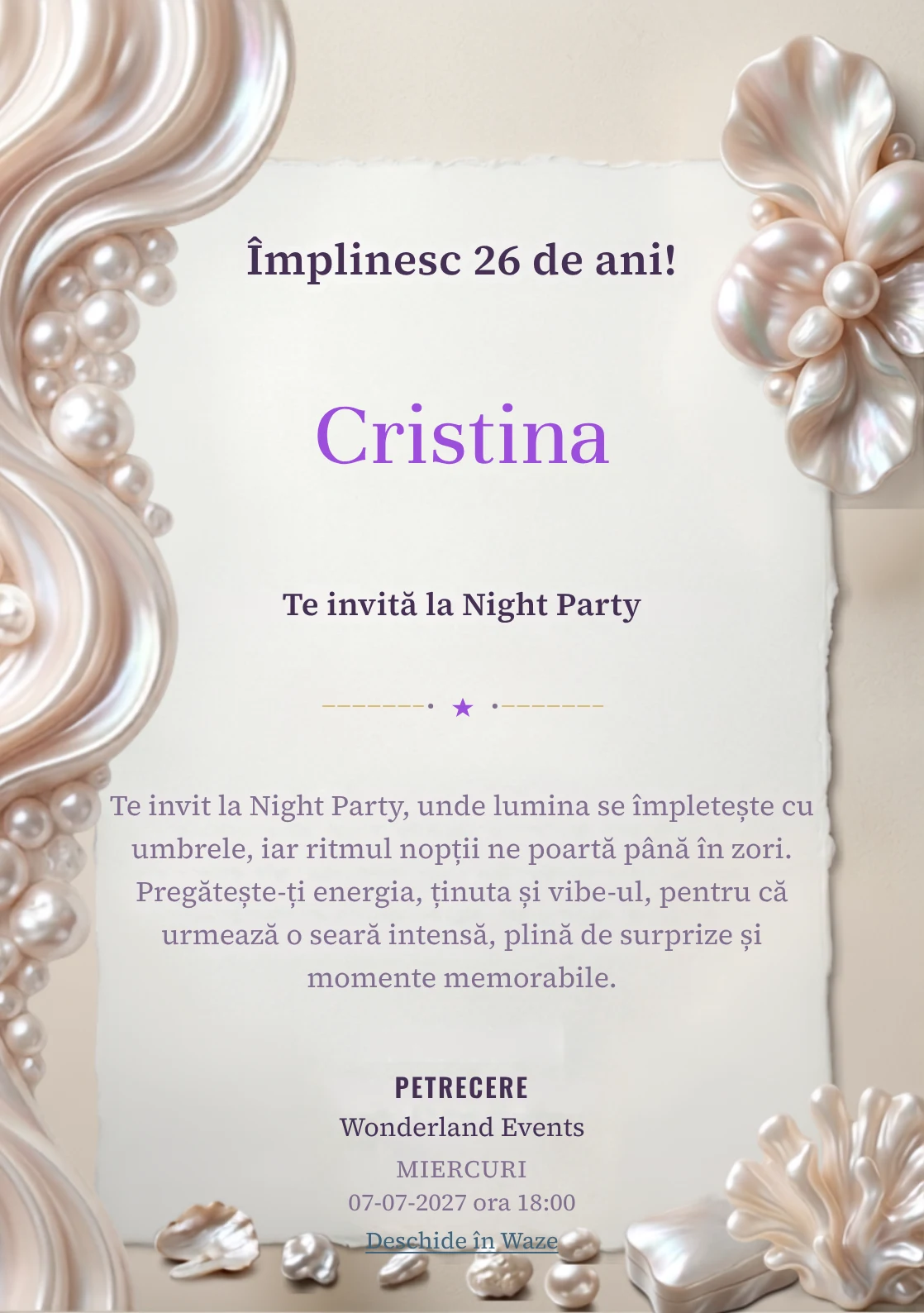 Pearl Evening este un model de invitații online pentru o aniversare adultă, definit vizual de forme organice inspirate din perle.