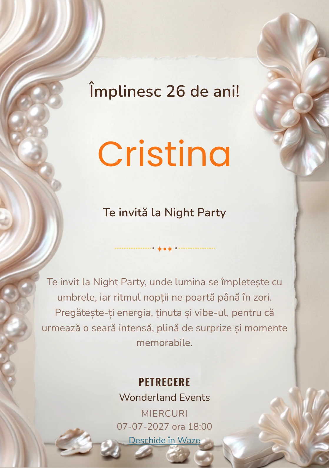 Pearl Evening este un model de invitații online pentru o aniversare adultă, definit vizual de forme organice inspirate din perle.