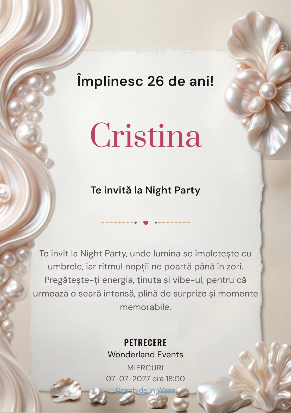 Pearl Evening este un model de invitații online pentru o aniversare adultă, definit vizual de forme organice inspirate din perle.