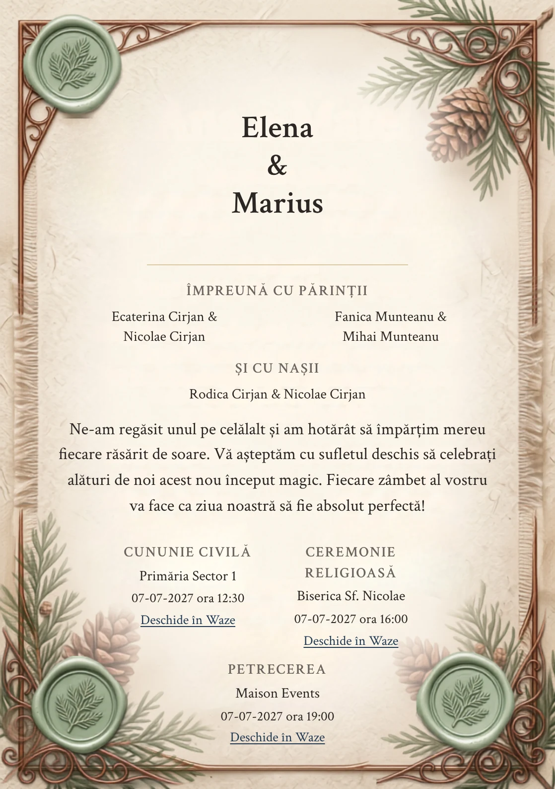 Designul Pecete de Cedru, în colecția de invitații nuntă, combină sigiliu verde pal pe hârtie cu fibră cu o cromatică de ceară verde pădure pal, hârtie ovăz și alb crem.