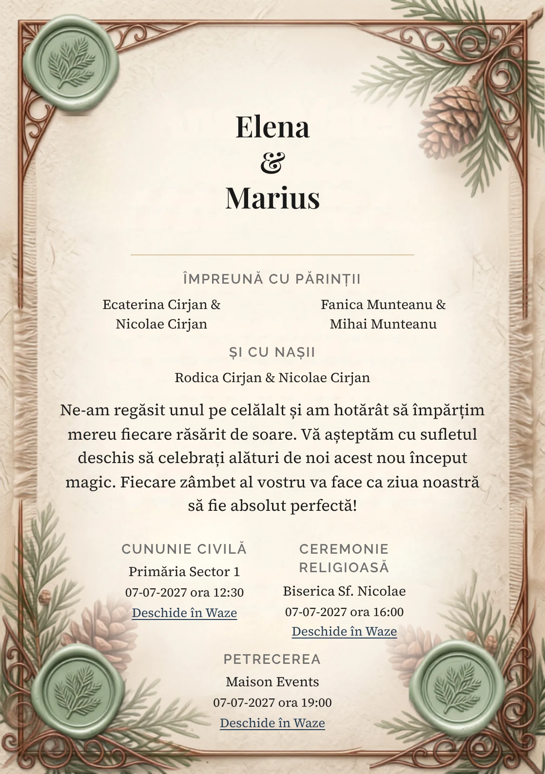 Designul Pecete de Cedru, în colecția de invitații nuntă, combină sigiliu verde pal pe hârtie cu fibră cu o cromatică de ceară verde pădure pal, hârtie ovăz și alb crem.