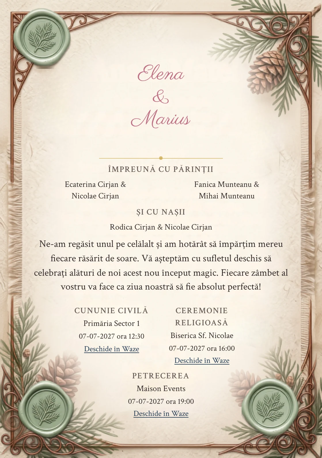 Designul Pecete de Cedru, în colecția de invitații nuntă, combină sigiliu verde pal pe hârtie cu fibră cu o cromatică de ceară verde pădure pal, hârtie ovăz și alb crem.