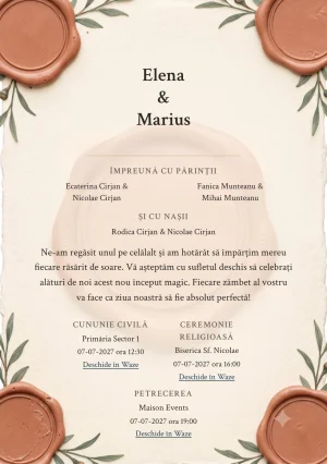 Pecetea Grădinii, în colecția de invitații nuntă, are ca reper vizual medalion de ceară teracotă fără monogramă, în nuanțe de ceară teracotă pal și hârtie vanilie.